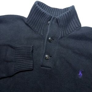 Polo Ralph Lauren Large Knit Sweater Black 1/4 Button Mock Neck Purple Pony